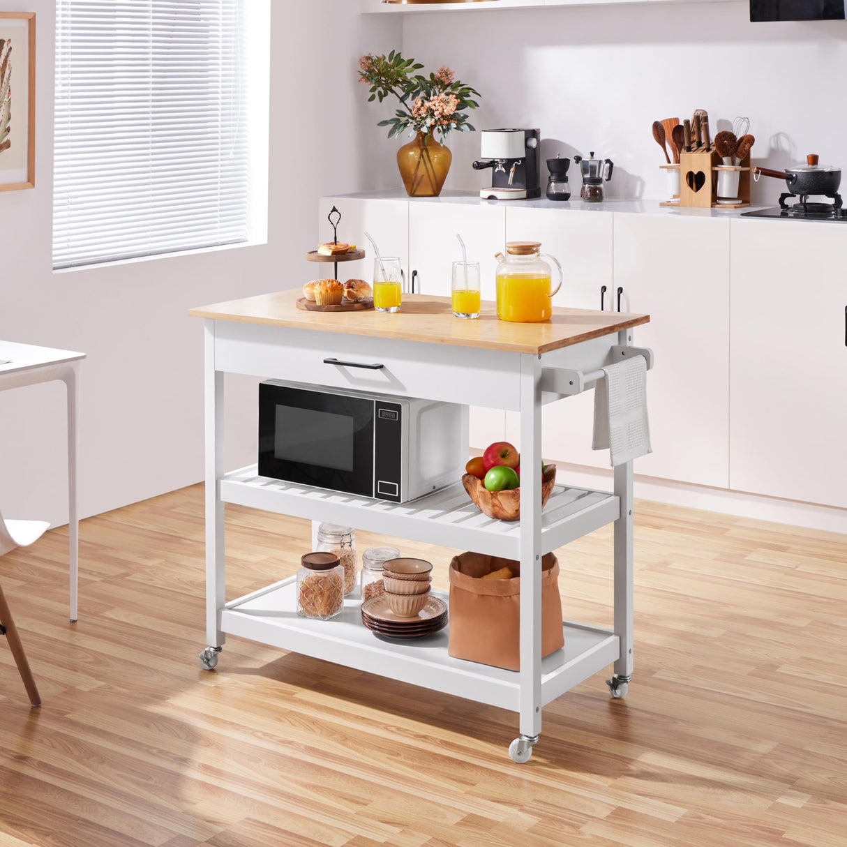 Yaheetech 40" Width Kitchen Island Cart on Wheels, 3 Tiers Rolling Utility Cart with Solid Wood Top and Drawer & 2 Spacious Storage Shelf, Serving Trolley for Dining Room, White Yaheetech