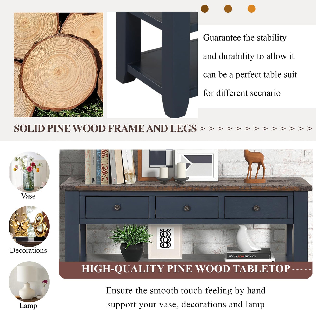 LKTART Solid Wood Console Table Sofa Table with Storage Drawers and Bottom Shelf Entryway Table for Storage Entry Hallway Foyer Sofa Couch LKTART