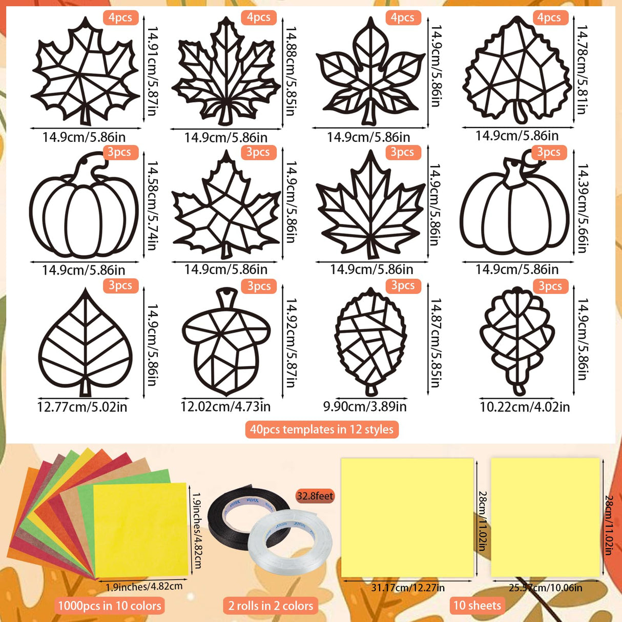 Renbuzhu 40PCS Fall Crafts Bulk: Leaves Pumpkins Paper Suncatchers DIY Kit for Autumn Thanksgiving Activities Decorations, Window Stained Glass Effect Art Supplies(Black Frame) Renbuzhu