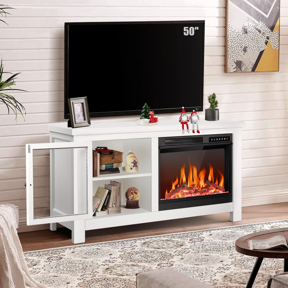 R.W.FLAME Fireplace TV Stand for 50 Inch TV,Modern Entertainment Center with 23" Electric Fireplace,Media Furniture for Living Room with Storage Cabinets, 48 Inch,White R.W.FLAME