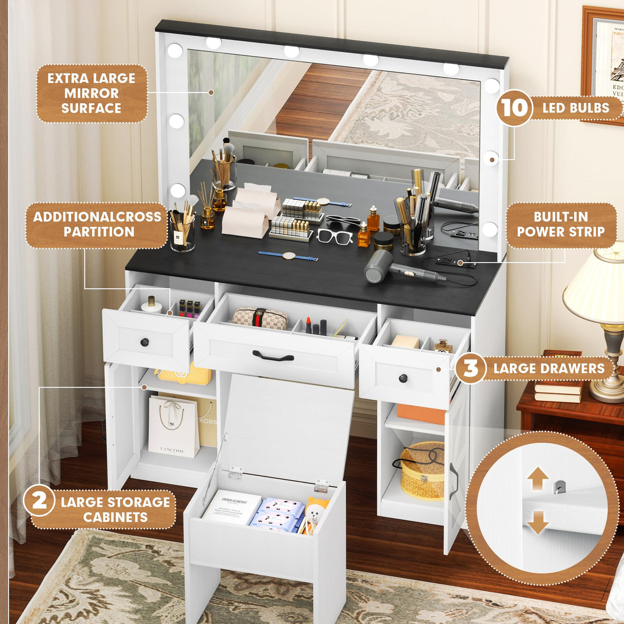Greenvelly Farmhouse Vanity with Lights Desk and Chair,White Vanity Desk with Mirror and Lights,3 Lighting Modes,Dressing Table with Drawers,Vanity Table Set for Women,Girls Greenvelly