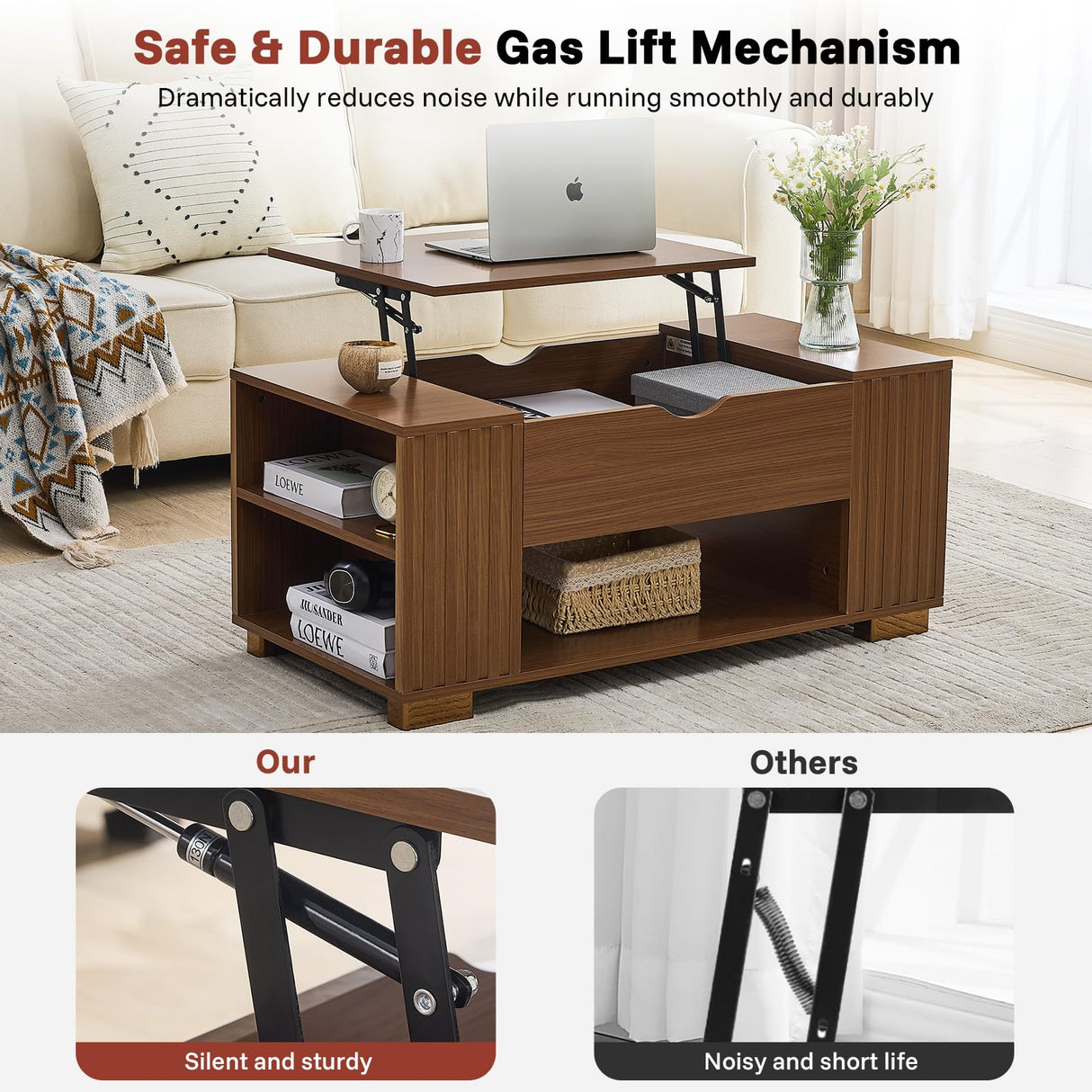 Redkey Lift Top Coffee Table -Fluted Wood Center Table with Hidden Compartment and Storage Shelf- Lift Tabletop for Home Living Room Office - Walnut Redkey