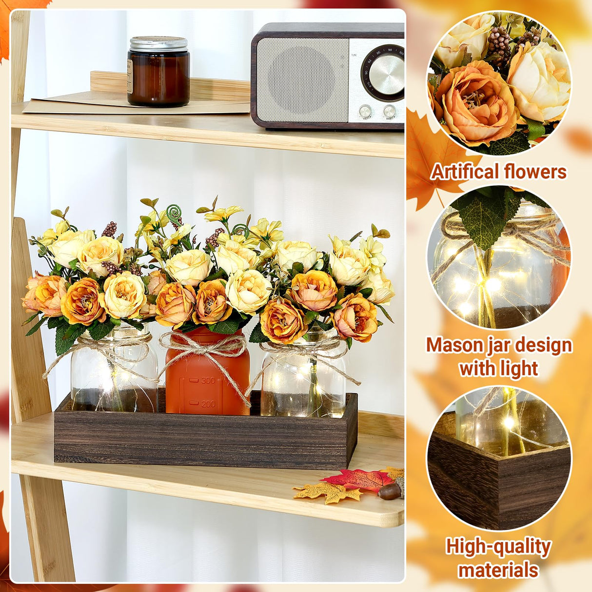 Mason Jar Lights Centerpiece Table Decorations Fall Decor for Home – 3 Jar Flowers with String Lights and Wooden Tray for Dining Room, Farmhouse Autumn Wedding, Kitchen, Living Room, Bathroom VAIPI