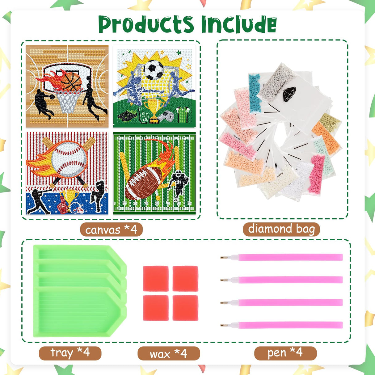 Cheerupp 4 Pcs Sports Diamond Art Kits for Kids, Basketball Football Baseball Soccer DIY Creative Diamond Art Sticker Craft by Number for Adults Beginner, Full Round Drill Gem Art for Home Wall Decor Cheerupp