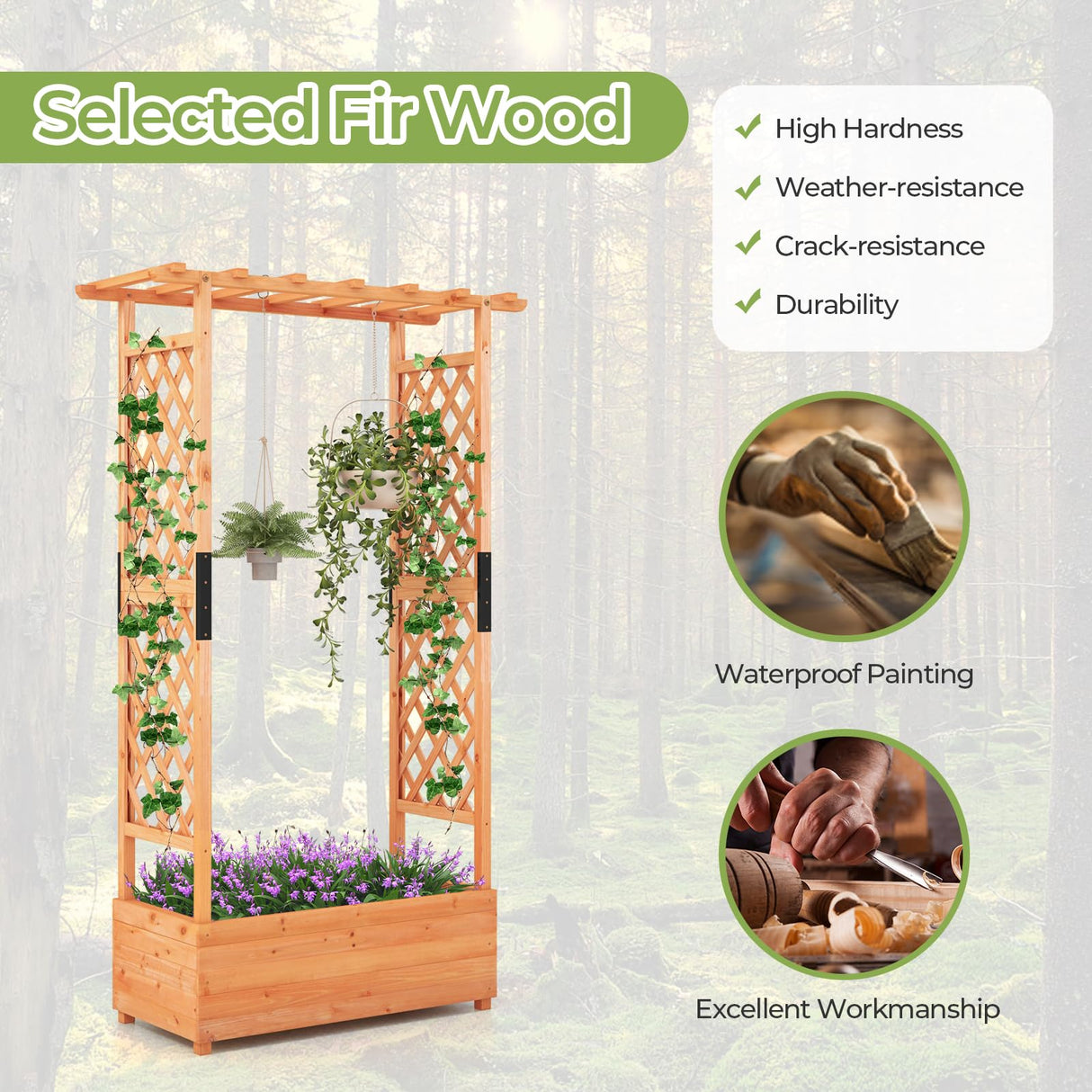 HAPPYGRILL 72" Raised Garden Bed with Trellis, 2 Pack Freestanding Wood Planter Box w/Hanging Roof & 2 Drainage Holes for Vine Climbing Plants Flowers, Outdoor Planter w/Trellis for Garden Patio HAPPYGRILL