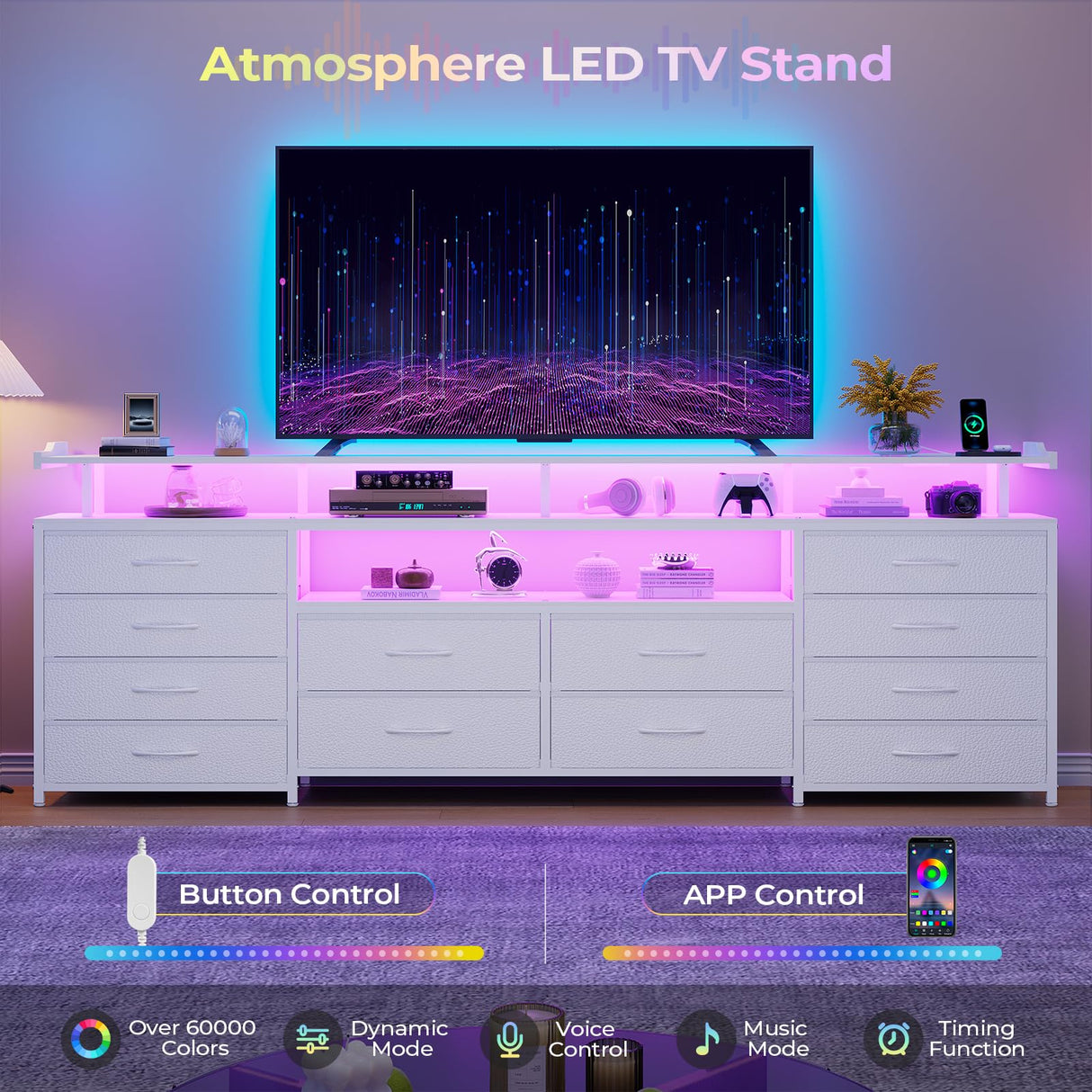 HAUOMS TV Stand Dresser for 65 Inch TV, 63" W Dresser with LED Lights & Charging Station, White Long Dresser with 12 Fabric Drawers, Entertainment Center with Shelves,for Living Room HAUOMS