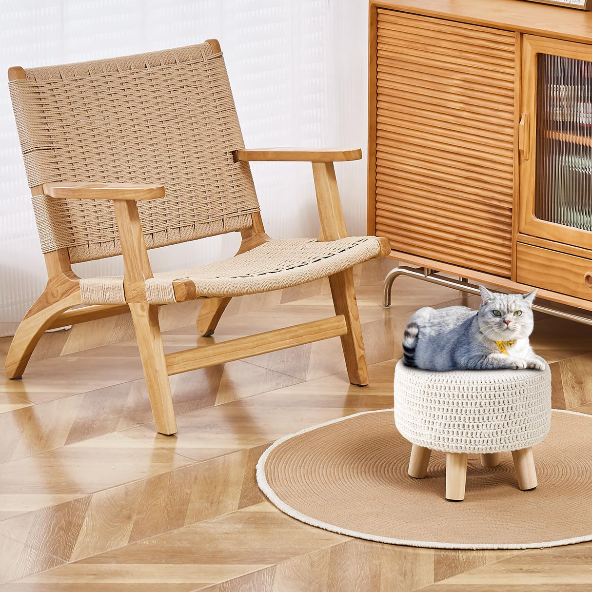 Wimarsbon Pouf Ottoman, 100% Cotton Knitted Boho Footstool, Round Footrest with Non-Skid Wood Legs, Home Décor Handmade Pouffe, Leisure Floor Step Stool for Living Room (Beige) Wimarsbon