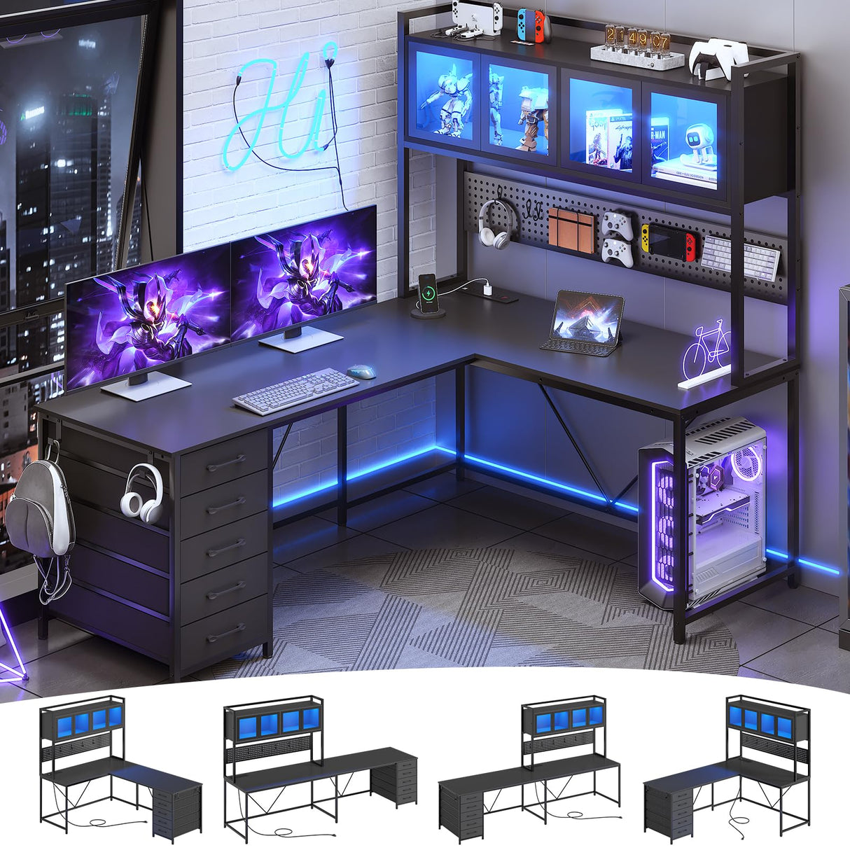 SEDETA L Shaped Gaming Desk with Drawers, L Shaped Computer Desk with Hutch and Storage Shelves, Gaming Desk with Pegboard, Led Lights, and Power Outlet, Home Office Desk, Corner Desk, Black SEDETA