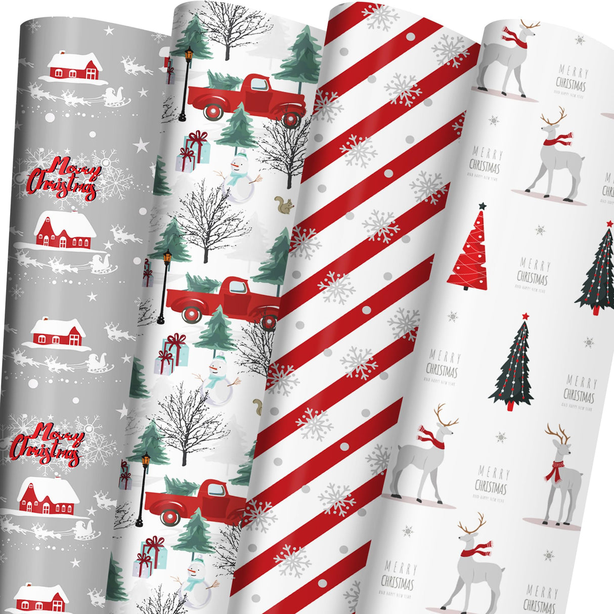 Cuitpan White Christmas Wrapping Paper Bundle for Kids Adults - Reindeer, Stripes, Woodlands, Snowflake, Red Truck Winter Scene Designs - 28 x 40 Inches, 6 Jumbo Sheets, Recycled Cuitpan