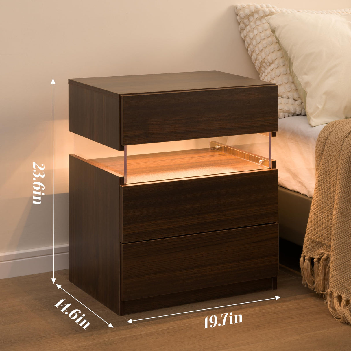 Bingoday Nightstands Set of 2 LED Bedside Tables with 3 Wood Drawers LED Modern Night Stand with Acrylic Board for Bedroom Living Room Bingoday