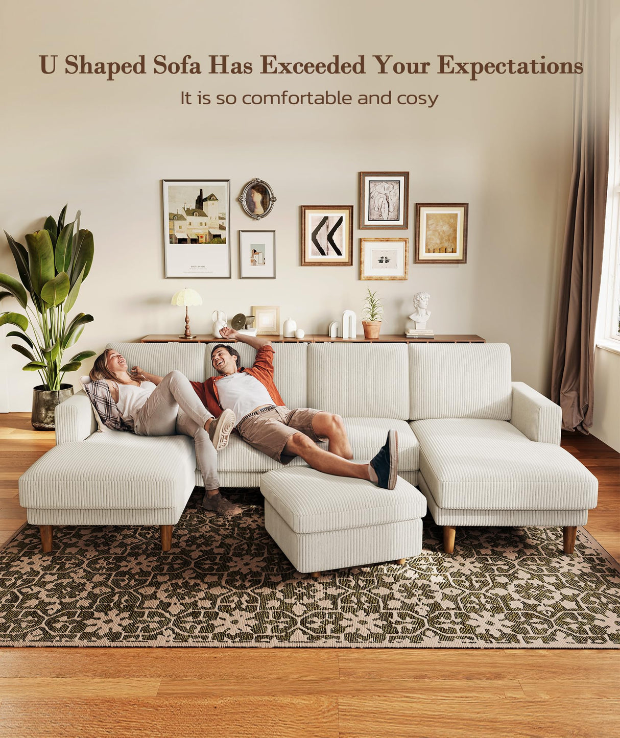 Kidirect 106" Beige U Shaped Couch with Chaises, Corduroy Sectional Couches for Living Room No Tool Assembly, 4 Seats Loveseat Sofa Comfy Sectional Sofas for Living Room Apartment Home 900lb Load Kidirect