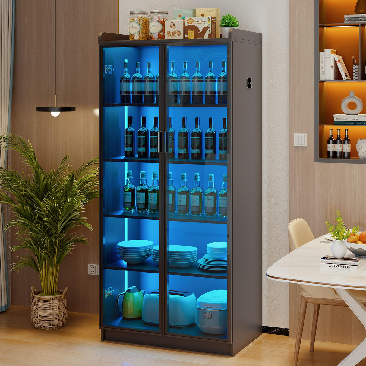 Lvifur Tall Storage Cabinet up to 70", LED Living Room Curio Cabinet with Human Body Induction, 5 Tier Bookcase Display Cabinet with Adjustable Shelves for Office (Black) Lvifur