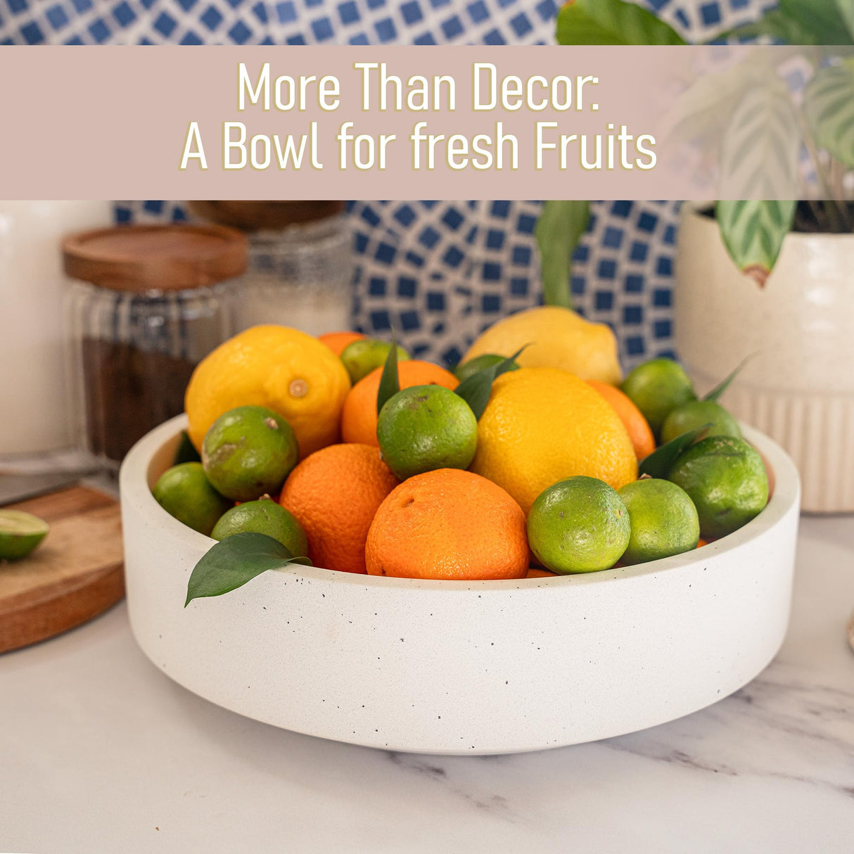 VELOVA Large White Concrete Decorative Bowl with 24 Decorative Balls, Fruit Key Holder Bowls Boho Modern Home Decor Accent for Dining Room Centerpiece Living Room Coffee Table Shelf Entryway Rattan VELOVA