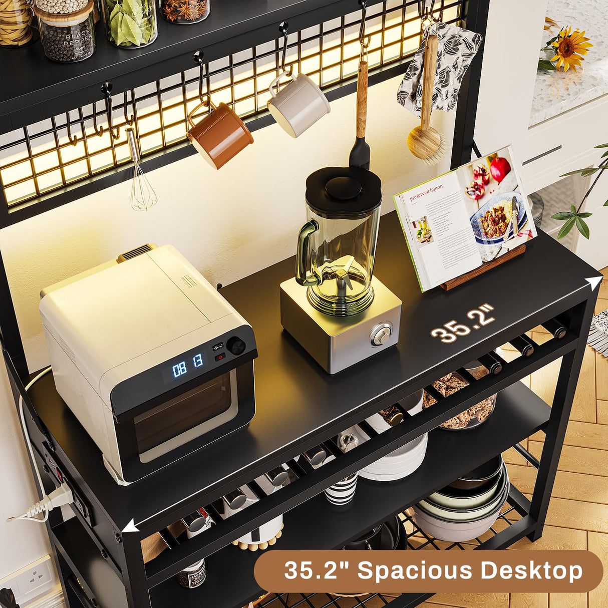 Itaar Bakers Rack with Power Outlet, 6-Tier Coffee Bar, Microwave Stand with Wine Rack, LED Lights and 10 Hooks, Bakers Racks for Kitchens with Storage, Black Itaar