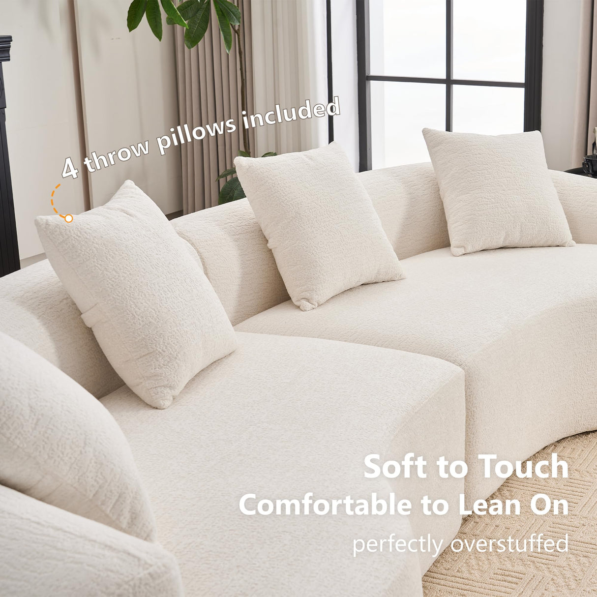 110'' Modern Curved Sofa Sectional, Arc 4-Seater Foam Couch Compressed in-a-Box, Boneless Cloud Couch with Extra-Deep-Wide Seats in Comfortable Chenille, No Assembly,Cream White Olodumare