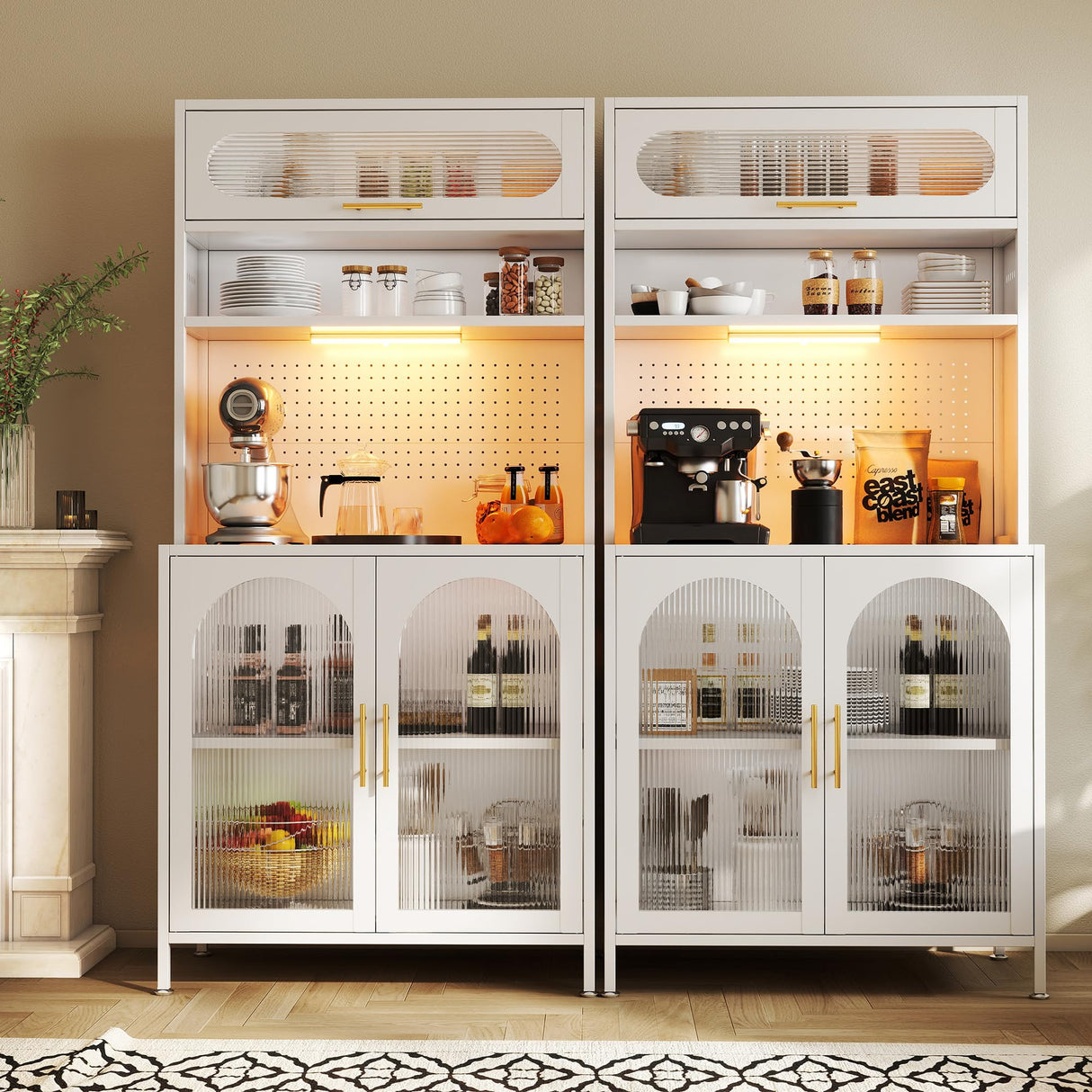 BECHEAO 66" Tall Kitchen Pantry Cabinet with LED Sensor Light, 5 Tier Metal Food Storage Cabinet with Adjustable Shelves, Hutch Cabinet Rack for Kitchen Living Dining Room, White BECHAEO