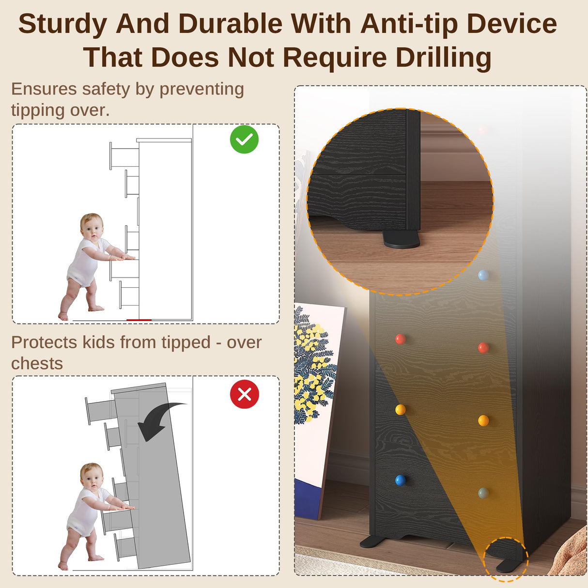 LIKIMIO Tall Skinny Dresser, 6 Drawer Dresser Tall with Colorful Handles, Chest of Drawers for Bedroom, 51.5" H Modern Wooden Storage Cabinet with Metal Sliding Rail, Black LIKIMIO