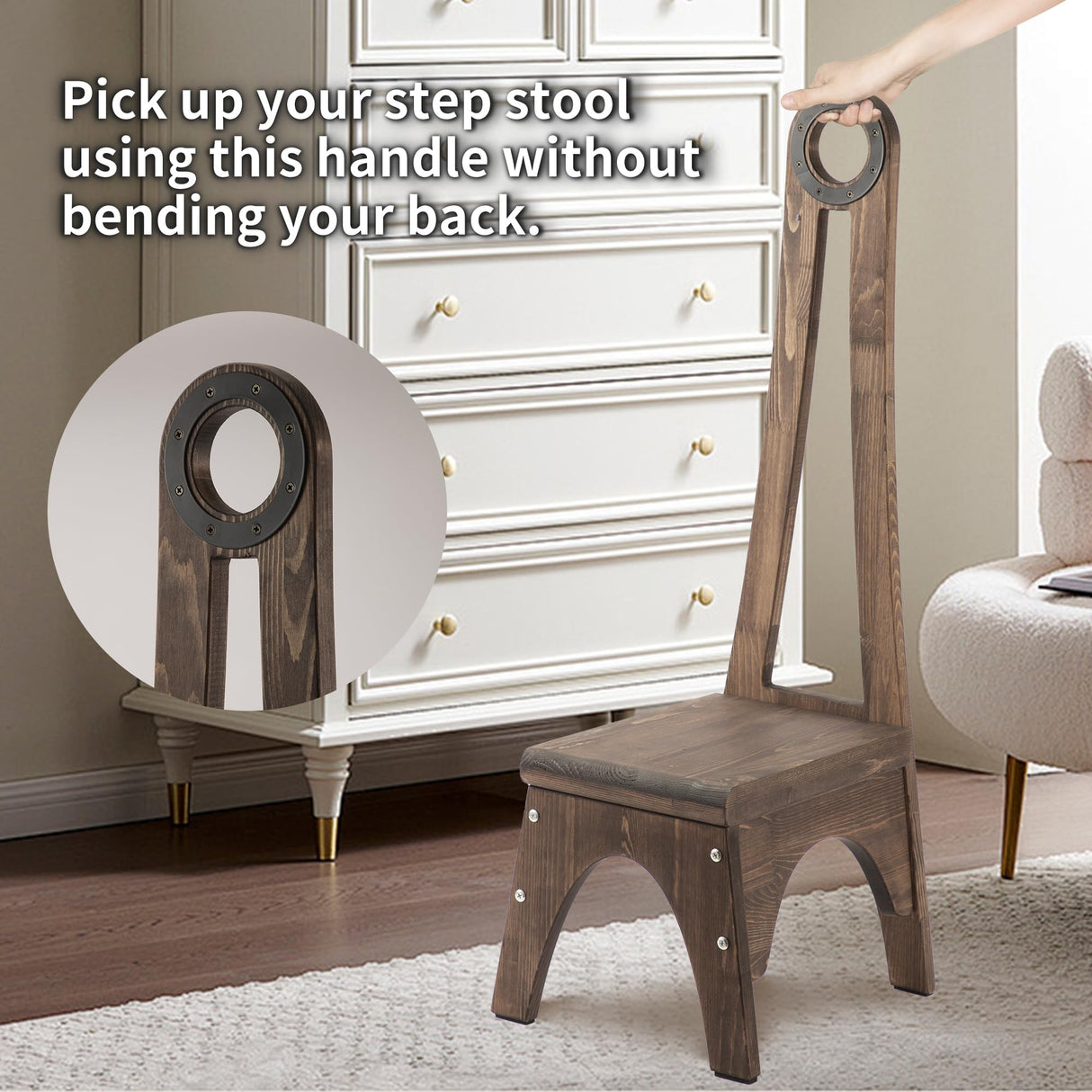 Heavy Duty Wooden Step Stool with Handle, Besuerte Vintage Step Stool with 32.75" Tall Handle for Bathroom, Kitchen, No Need to Bend Your Back to Pick Up Single Step Stool (Walnut) Besuerte