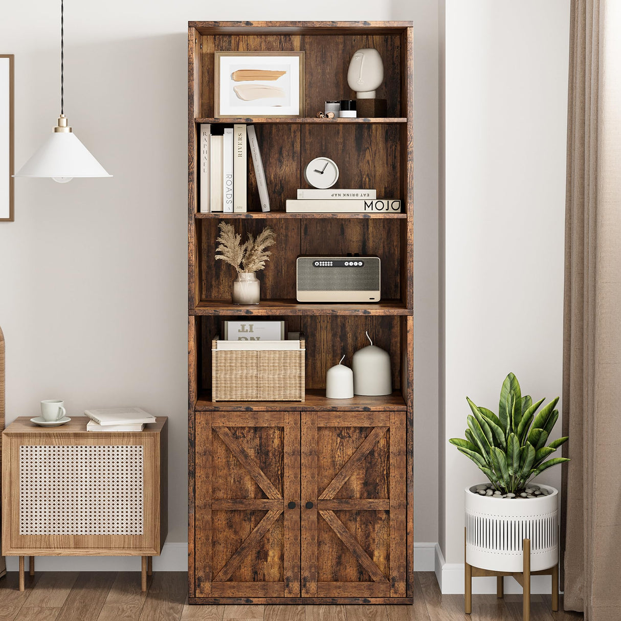 Garveehome Farmhouse Bookcase with Doors 11.8in Depth Display Storage Shelves 71.4in Tall Industrial Bookshelf Wooden 6 Shelf Bookshelves for Bedroom, Living Room, Home Office (Brown) GarveeHome