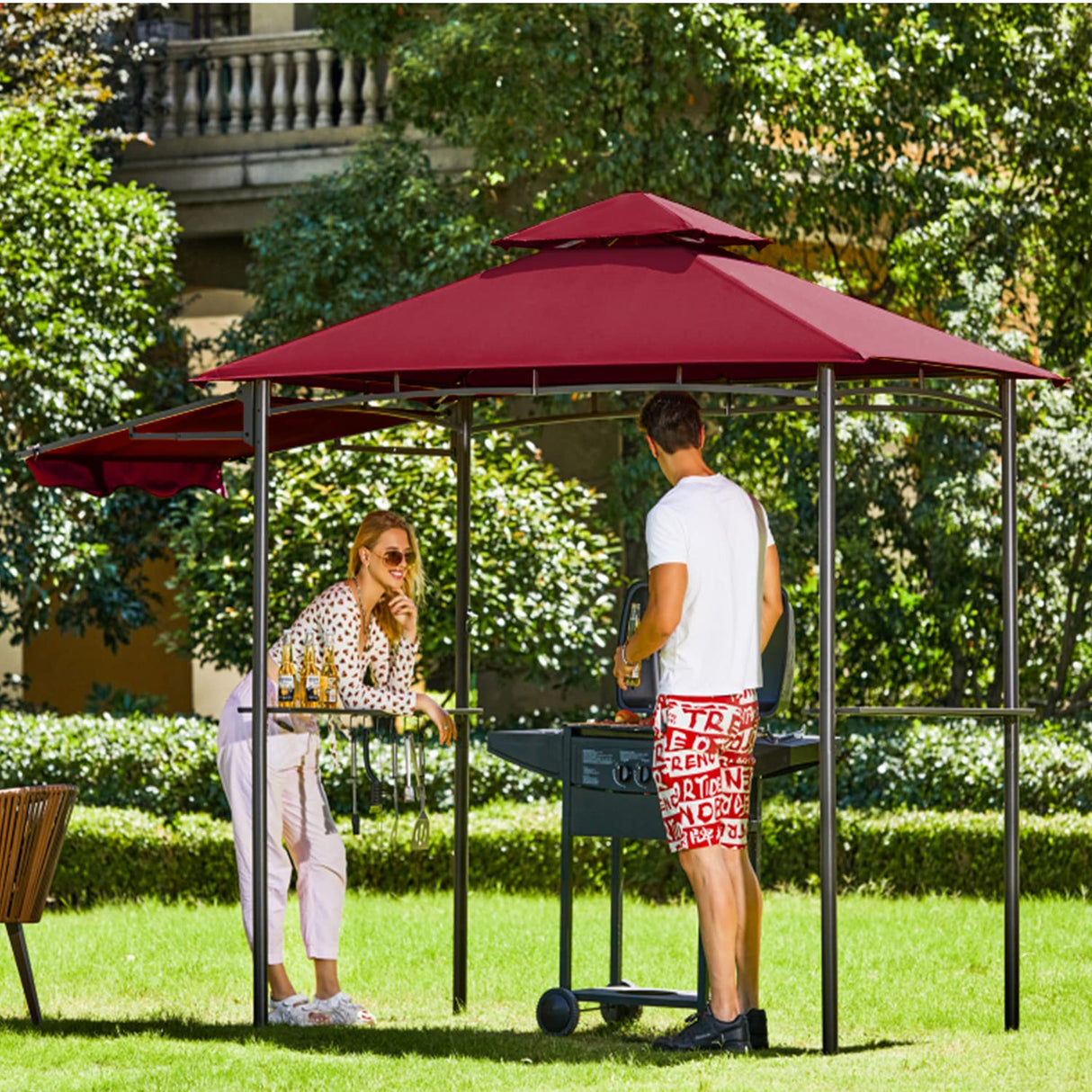 FAB BASED 5x8 Grill Gazebo, Outdoor BBQ Grill Patio Canopy with Extra Shadow & LED Lights, Barbeque Gazebo Canopy (Red) FAB BASED