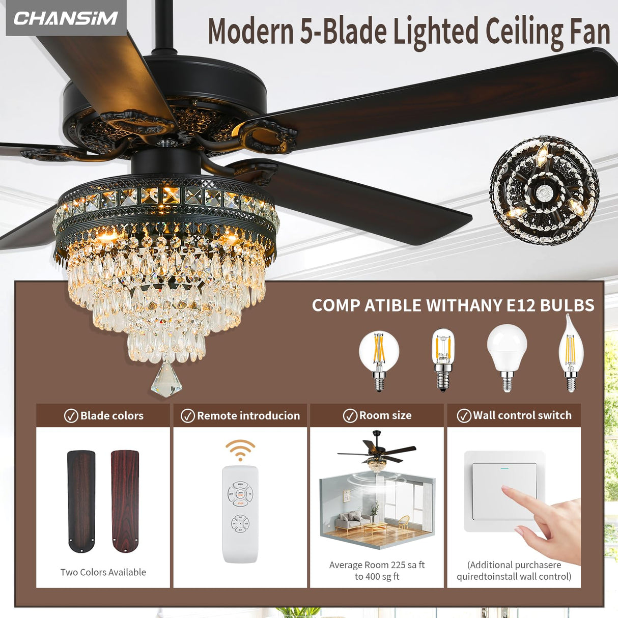 Crystal Chandelier Ceiling Fan with 3-Light, Farmhouse Fandelier with Remote - Silent DC Motor, K9-Crystal, Wood Blades, 3-Speed and Timing, Energy-Efficient Ceiling Fans for Living Room (52" Black) Chansim