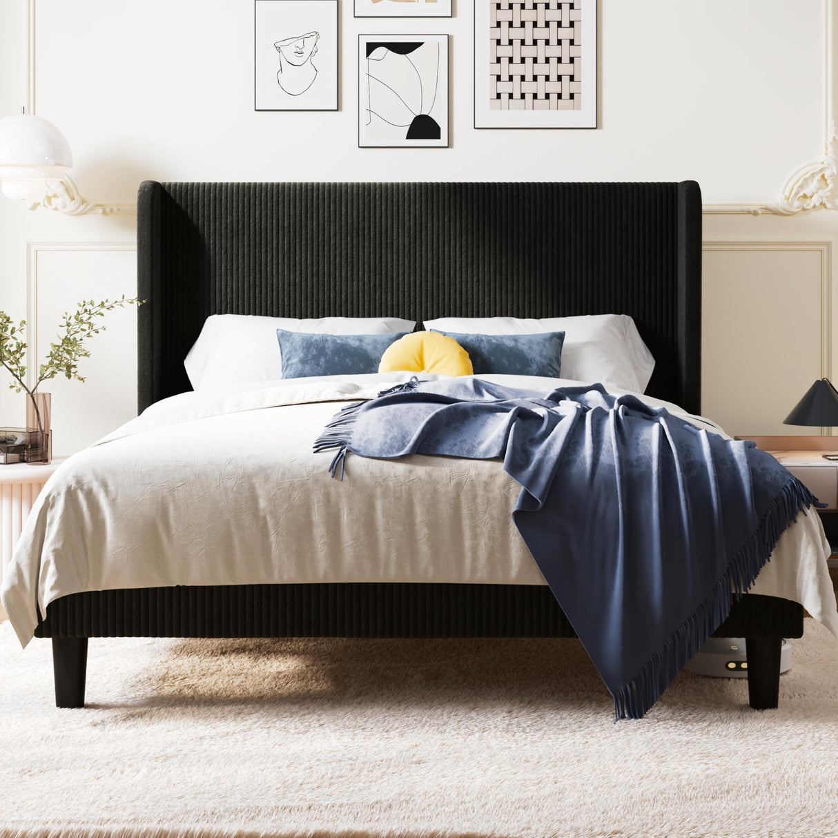Allewie Queen Size Bed Frame with Upholstered Wingback Headboard, Vertical Channel Tufted Corduroy Velvet Platform Bed, Strong Wooden Slats Support, No Box Spring Needed, Easy Assembly, Sturdy, Black Allewie