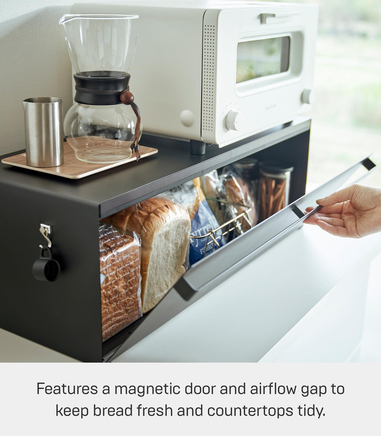 Yamazaki Home Tower Wide Bread Box Keeper Holder Container, Metal Bread Holder Saver, Large Counter Storage - Steel YAMAZAKI