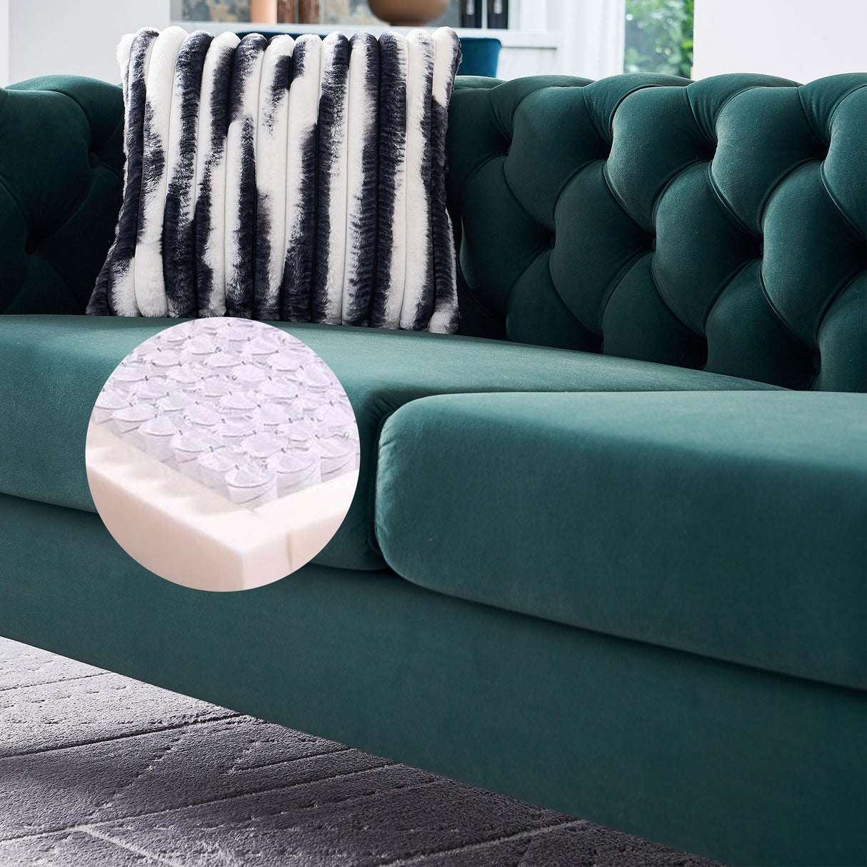 KEIKI 84" Chesterfield Velvet Tufted Button Sofa with Removable Cushions and 2 Toss Pillows, Modern 2-Seater Couch with 4 Gold Metal Legs, Easy Assembly, for Living Room, Bedroom, Office, Green KEIKI