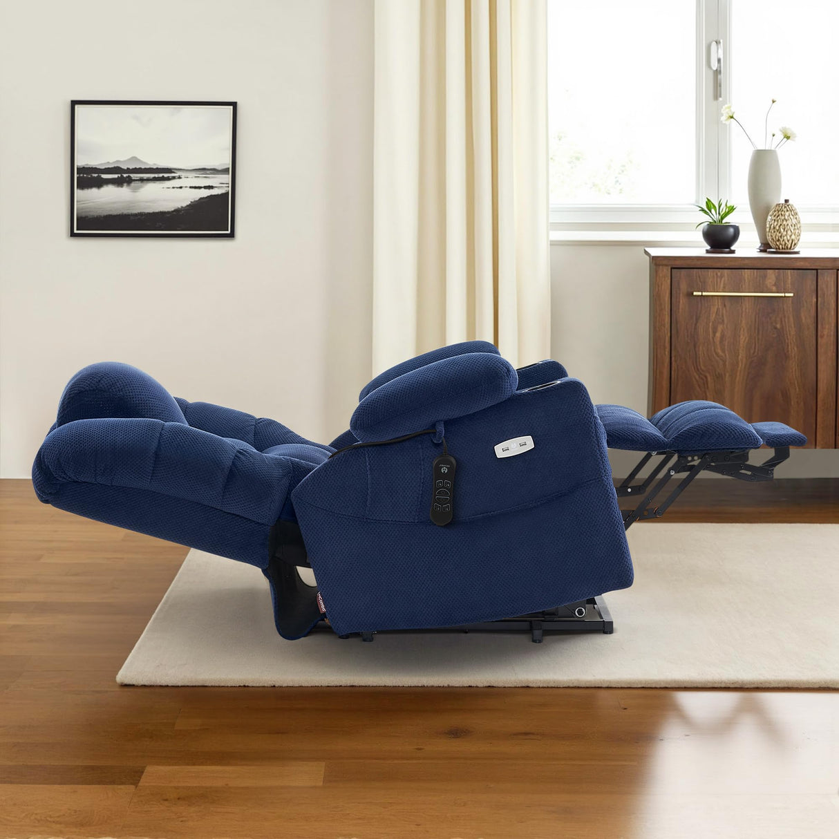 MCombo Large Triple Motor Power Lift Recliner Chair with Massage and Dual Heating, Adjustable Headrest for Tall Elderly People, Fabric 7634 (Navy Blue, Large) MCombo