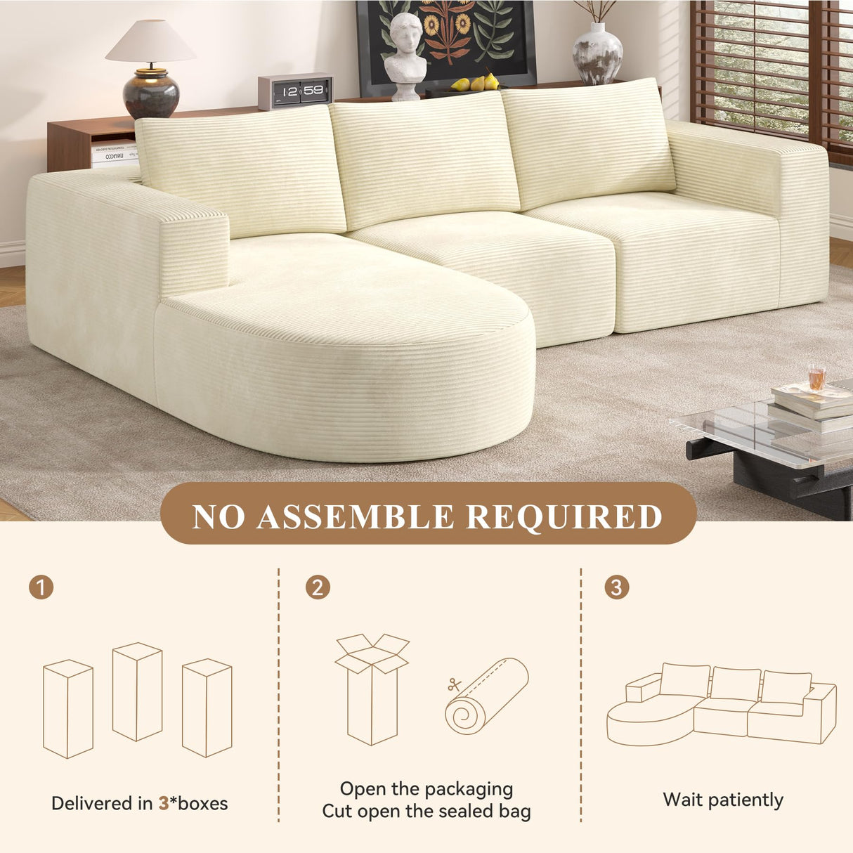Modular Sectional Sofa with L-Shape Chaise,Cloud Sectional Modern Sleeper Couch with Deep Seat,Sponge Compression Sofas No Assembly Required (Beige-Corduroy Fabric) Luxanimarion