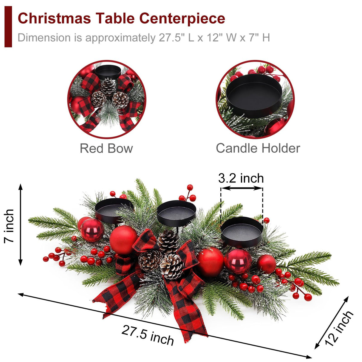 27.5-Inch Christmas Table Centerpiece with Candle Holders, Red Berries, and Pine Cones BAYN