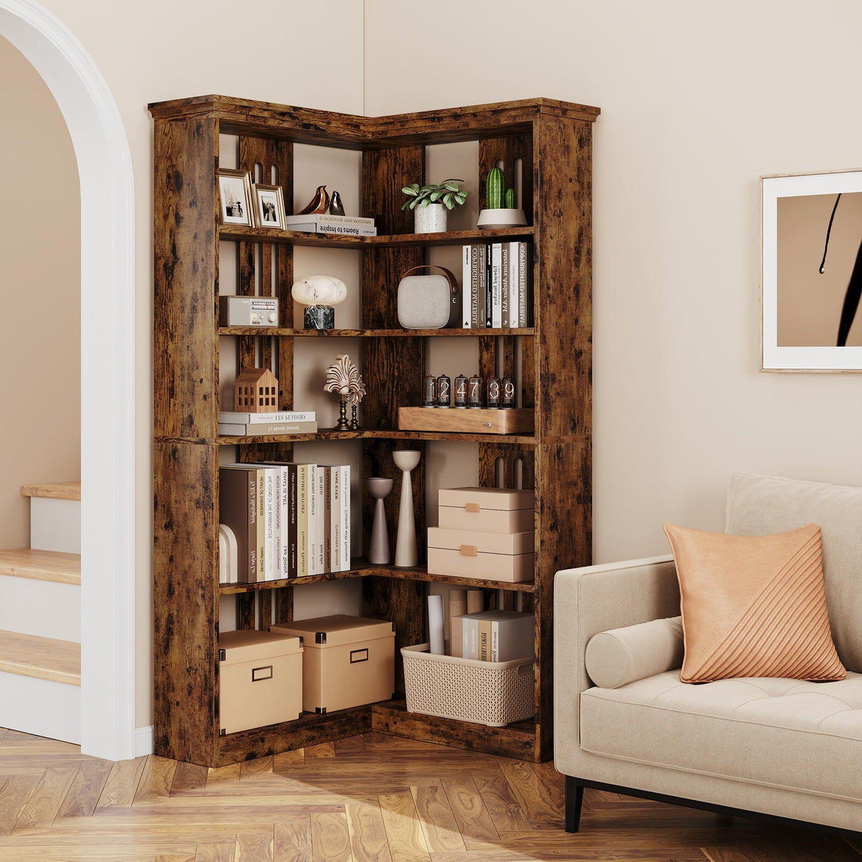 IDEALHOUSE Corner Bookshelf 72.8in Farmhouse Bookcase Large Bookshelf Wood Bookcase Tall 5 Tier Corner Shelf L Shaped Bookshelf Storage Display Rack Living Room Bedroom (Retro, Half Panel) IDEALHOUSE