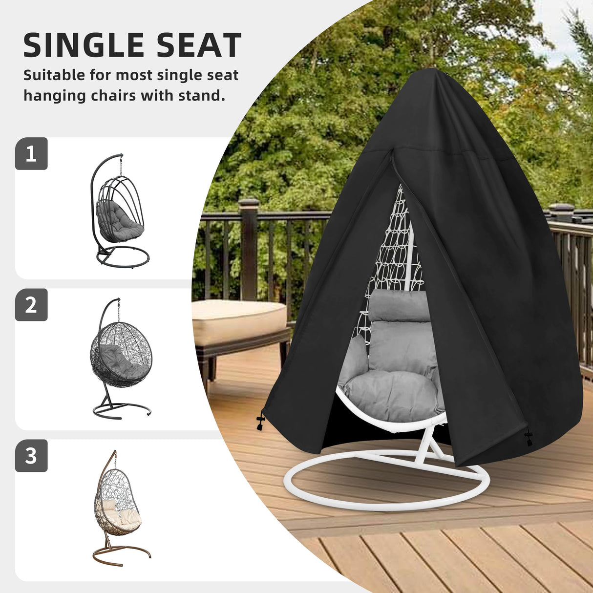 Easy-Going Patio Egg Chair Cover, UV Resistant Waterproof Swing Hanging Egg Chair Cover with Zipper, Outdoor Wicker Single Seat Egg Chair Cover, Black Easy-Going