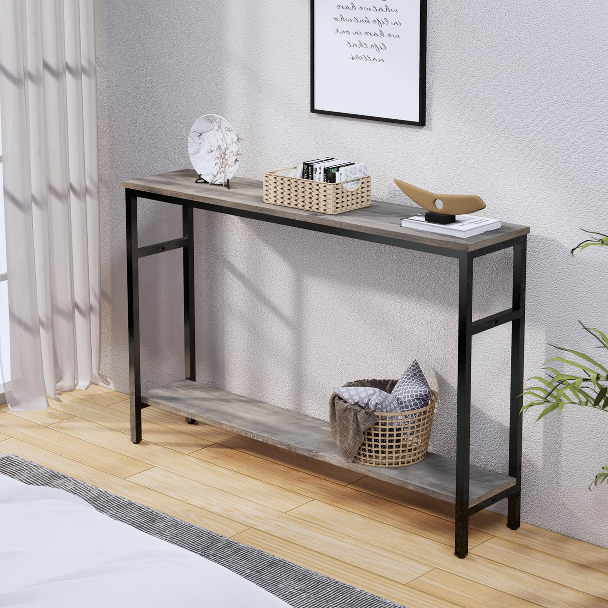 Timberer Narrow Console Table, 47 Inch Sofa Table with Adjustable Shelf, 2-Tier Long Skinny Table for Hallway, Entryway, Living Room, Foyer, Grey Timberer