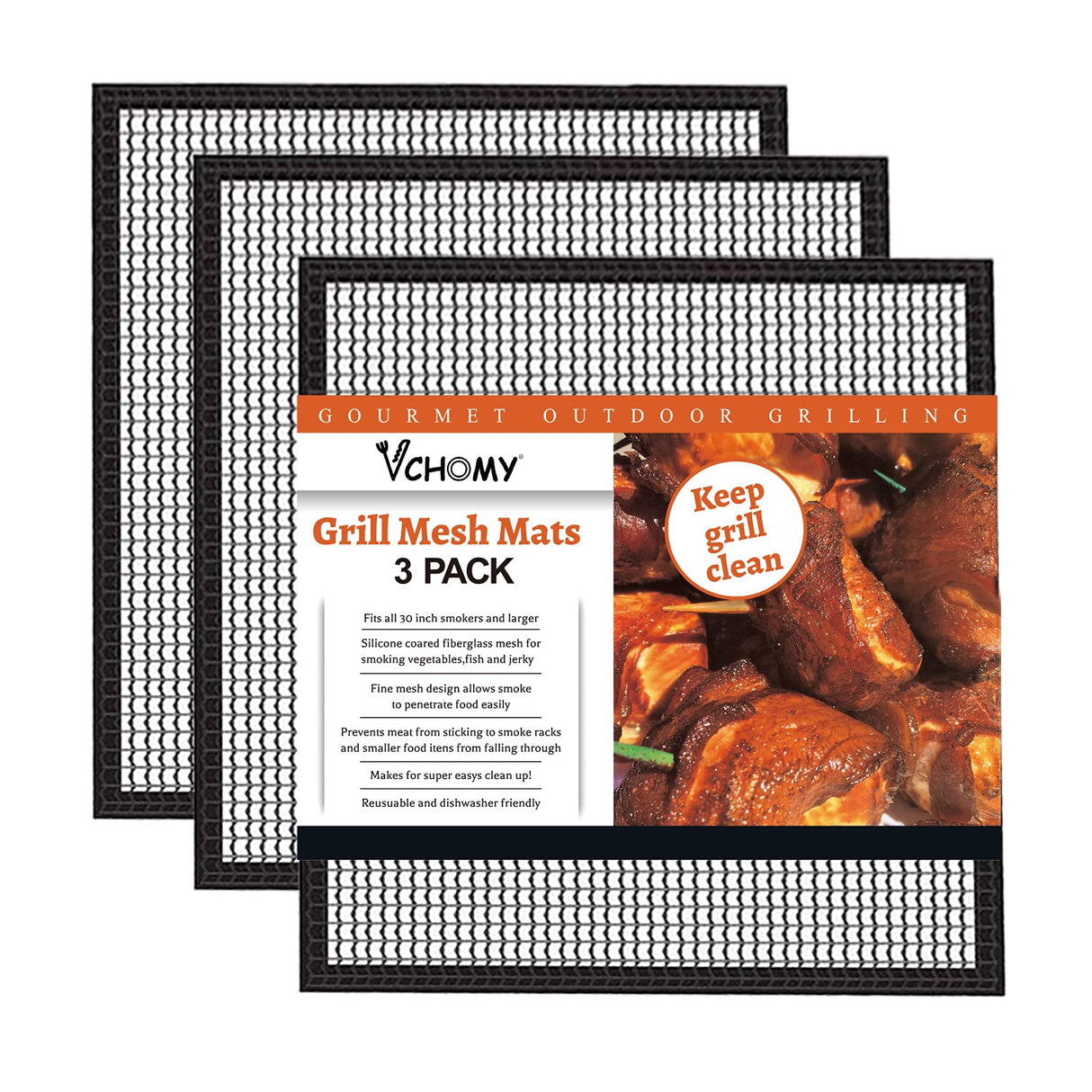 Grill Mesh Mat Set of 3 - Heavy Duty BBQ Non-stick Cooking Sheet Liners Reusable Teflon Barbecue Grilling Net for Outdoor Smoker, Pellet, Gas, Charcoal Grills - 11.8x13.8 VCHOMY