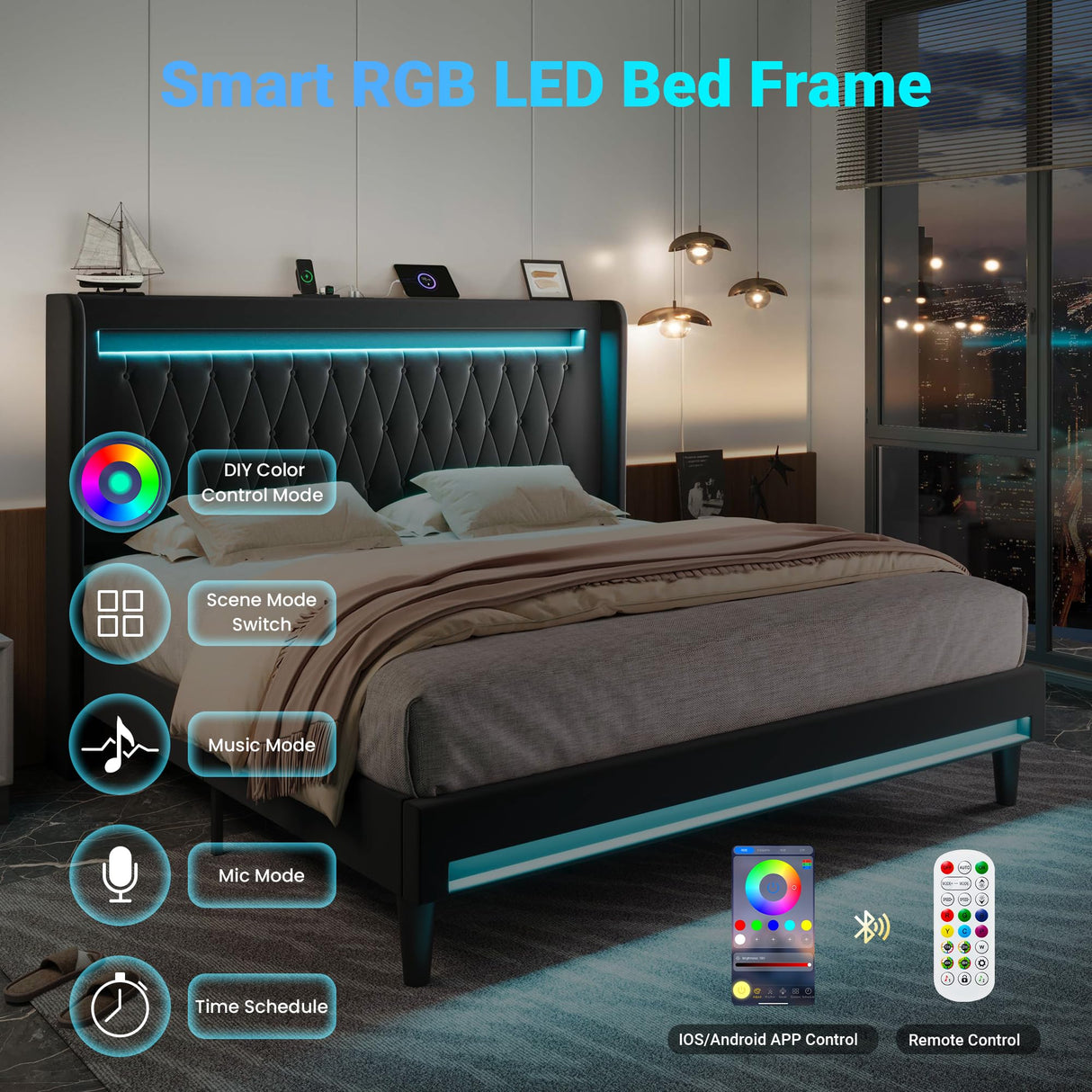 Allewie Upholstered King Size Platform Bed Frame with LED Light and Charging Station, Button Tufted High Headboard, Wingback Design, Noise Free, Easy Assembly, No Box Spring Needed, Black Allewie