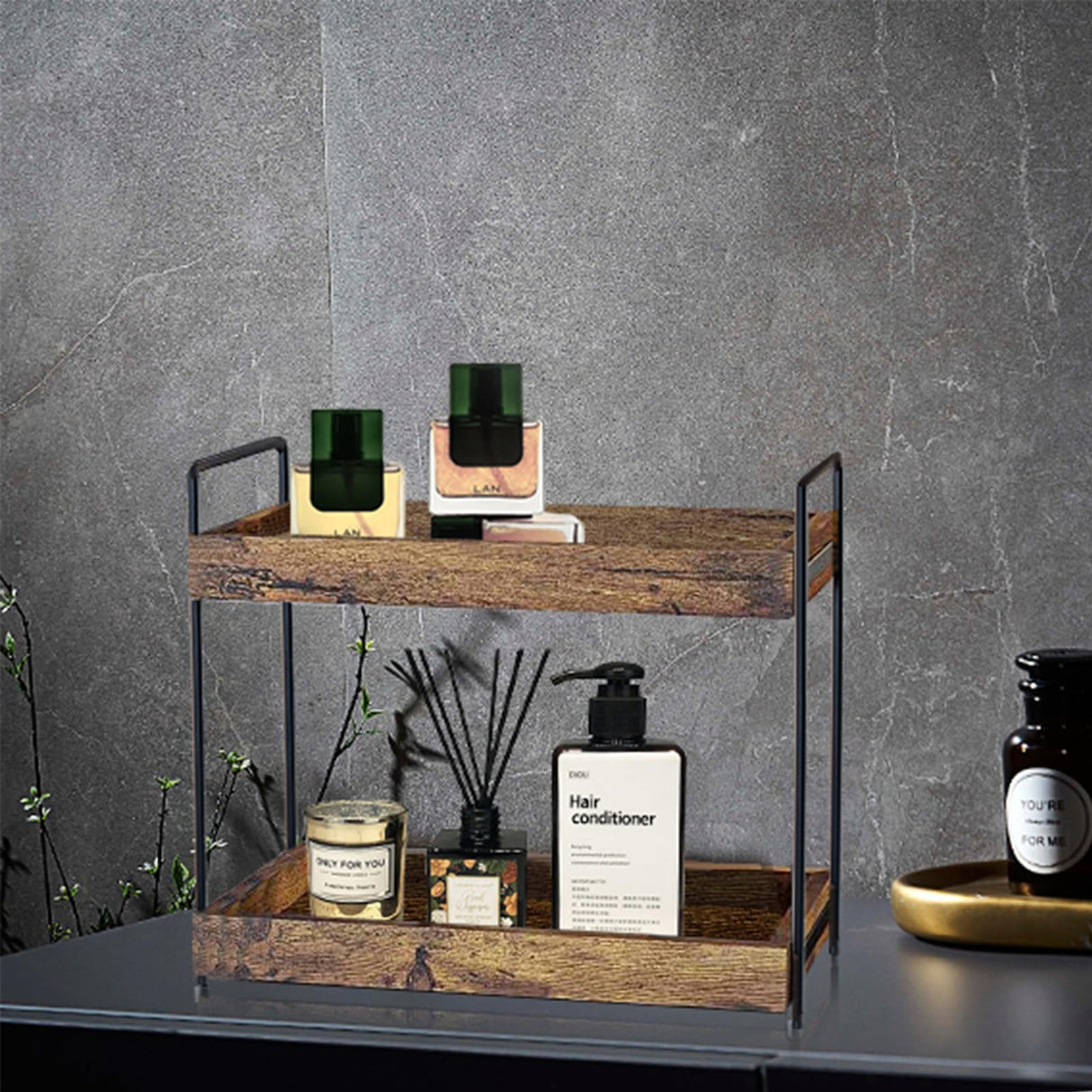 mahueeol 2 Tier Bathroom Counter Organizer Wood Bathroom Storage Shelf Spice Rack for Kitchen Countertop Vanity Tray Makeup Storage Coffee Station Organizer-Rustic Brown mahueeol