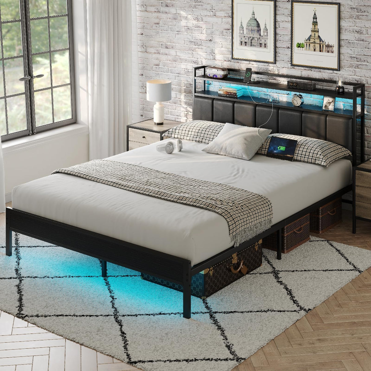 CollaredEagle Queen Size Bed Frame with Headboard, Metal Bed Frame with Charging Station and LED Lights, Heavy Duty Bed with Storage Shelves,Noise Free,No Box Spring,Black CollaredEagle