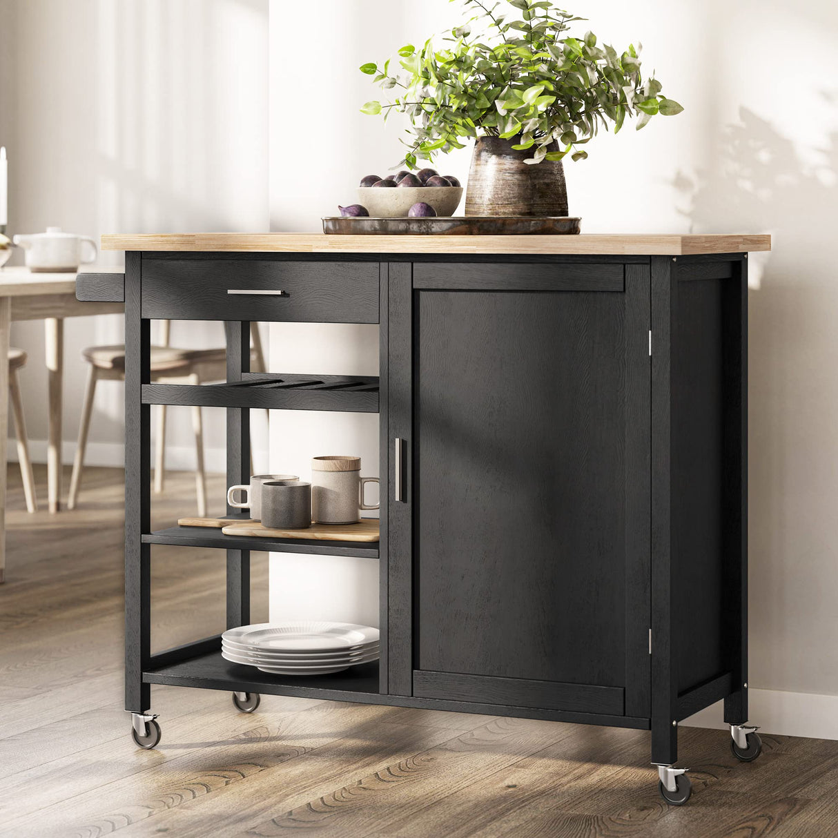 BELLEZE Modern Rolling Kitchen Island Utility Cart with a Drawer, Storage Cabinet, Handle Towel Rack, Rubber Wood Top, and Caster Wheels - Sonoma (Black) BELLEZE