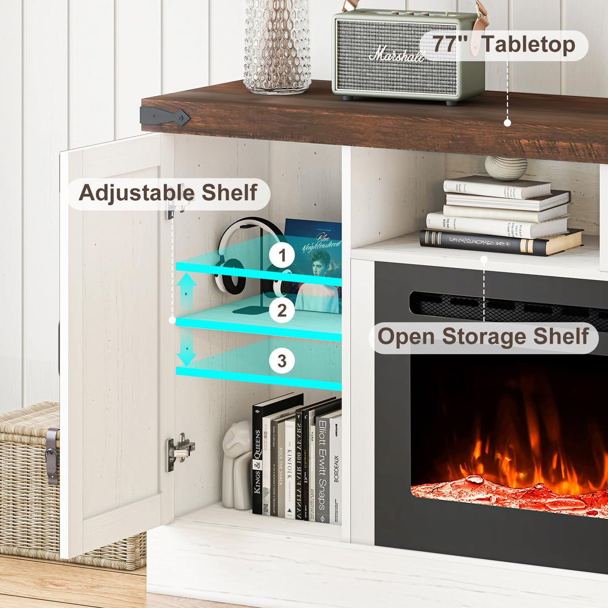 77" Fireplace TV Stand for 85 Inch TV, 50'' Electric Fireplace, Power Outlet, LED Farmhouse Media Entertainment Center Console Table for Living Room, White JassmiPkwy