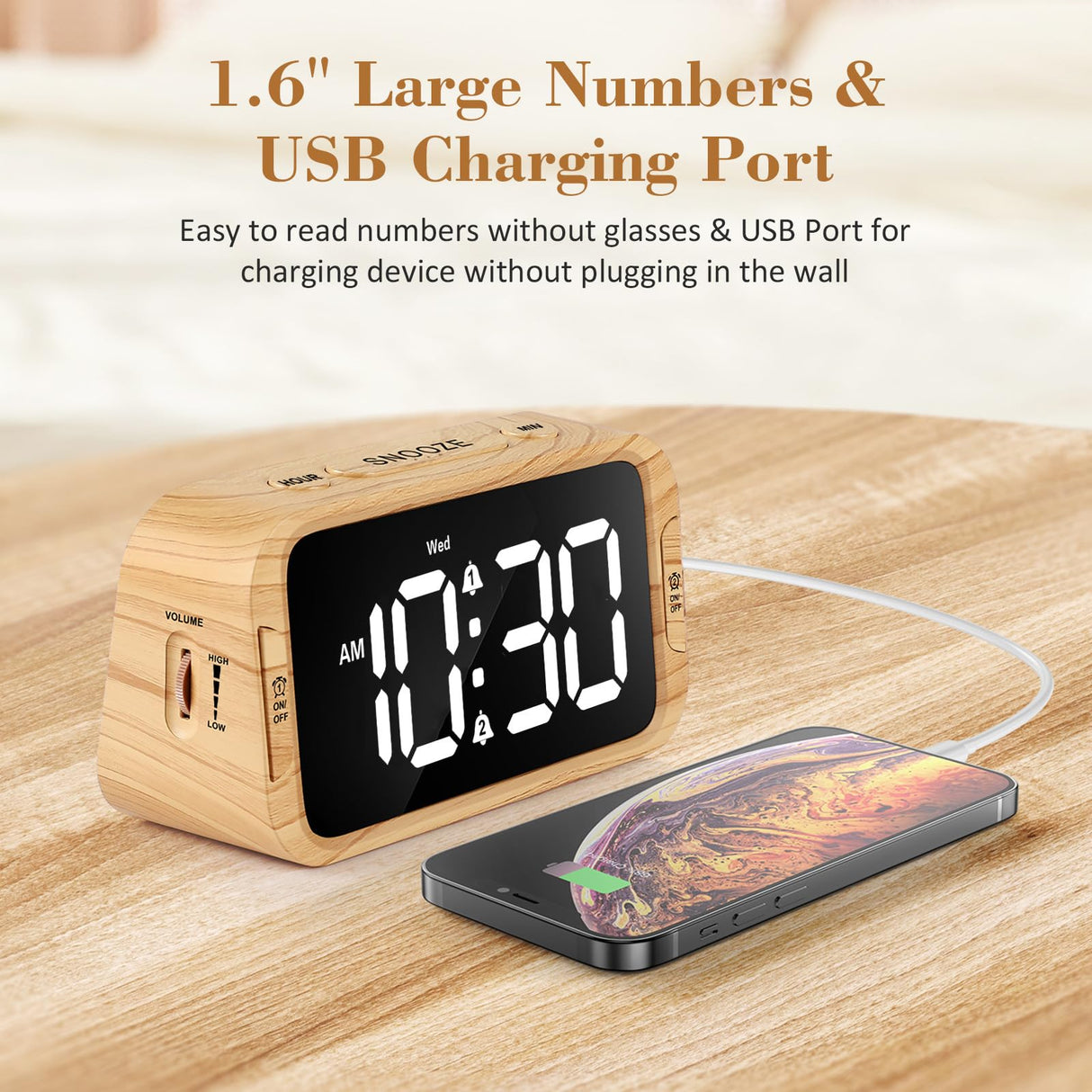 Odokee Digital Dual Alarm Clock for Bedroom, 0-100% Dimmer, Weekday/Weekend Mode, Easy to Set, USB Charger, Adjustable Alarm Volume with 5 Alarm Sounds, Snooze, 12/24Hr, Battery Backup (Wood Grain) Odokee