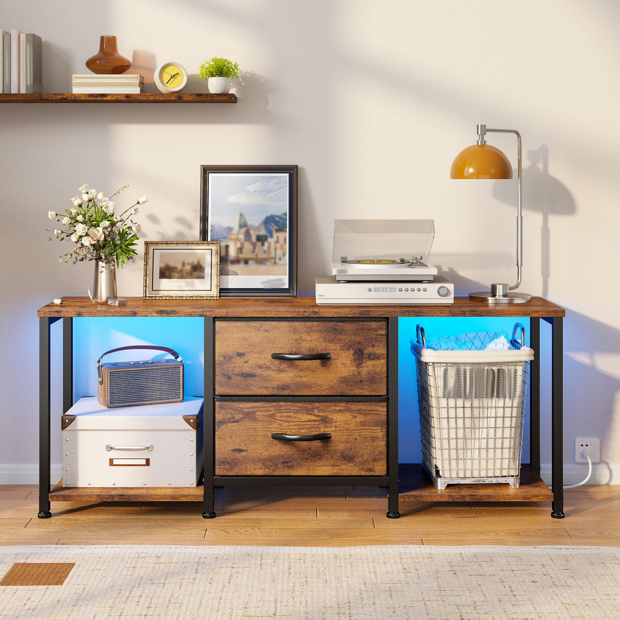 LED TV Stand Dresser for TVs up to 55 Inch, Entertainment Center with 2 Fabric Drawers and 2 Open Storage Shelves, Coffee Table Television Stands for Living Room, Bedroom, Wood Top, Rustic Brown EnHomee