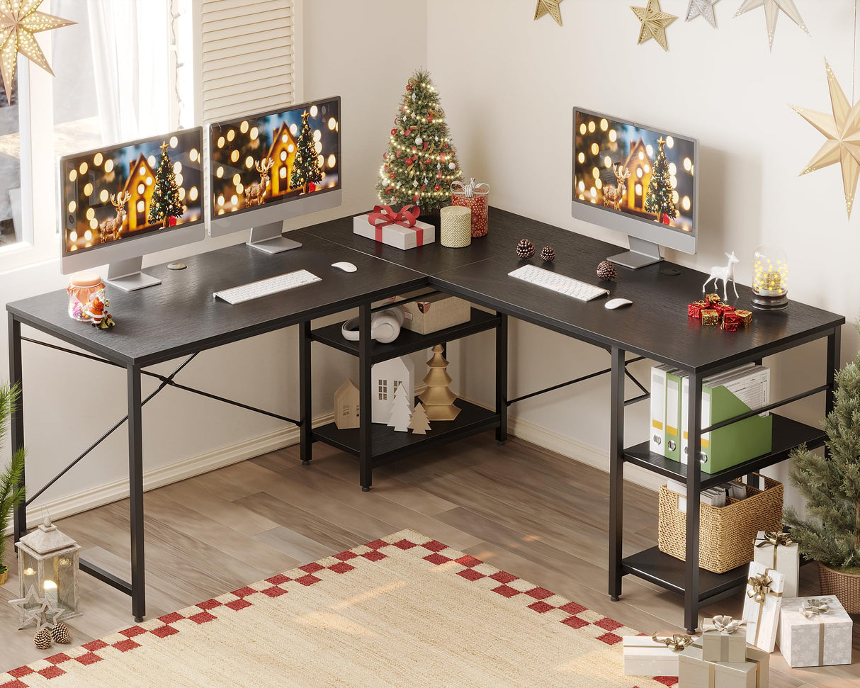Bestier 95.2” L Shaped Desk, Reversible Corner Computer Desk or 2 Person Long Table with Adjustable Shelves, Large Writing Study Workstation with 3 Cable Holes - Black Bestier