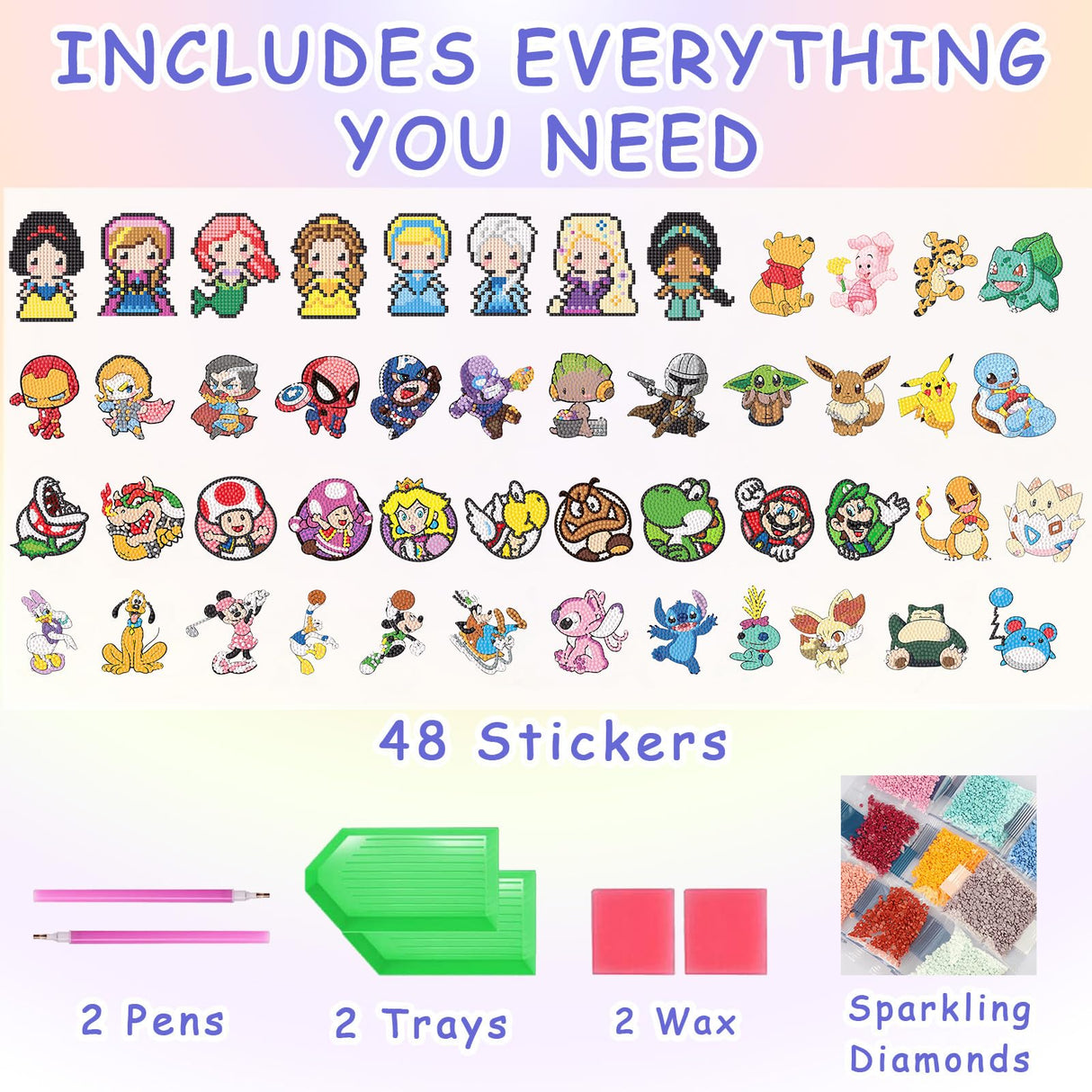 KOJEFCV 48 Pcs Cartoon Diamond Art Painting Sticker Kits for Kids-Cartoon Diamond Gem Stickers Kit,5D Gem Art Stickers Mosaic for Kids Gift for Boys Girls 4-8-10-12 Years Old KOJEFCV