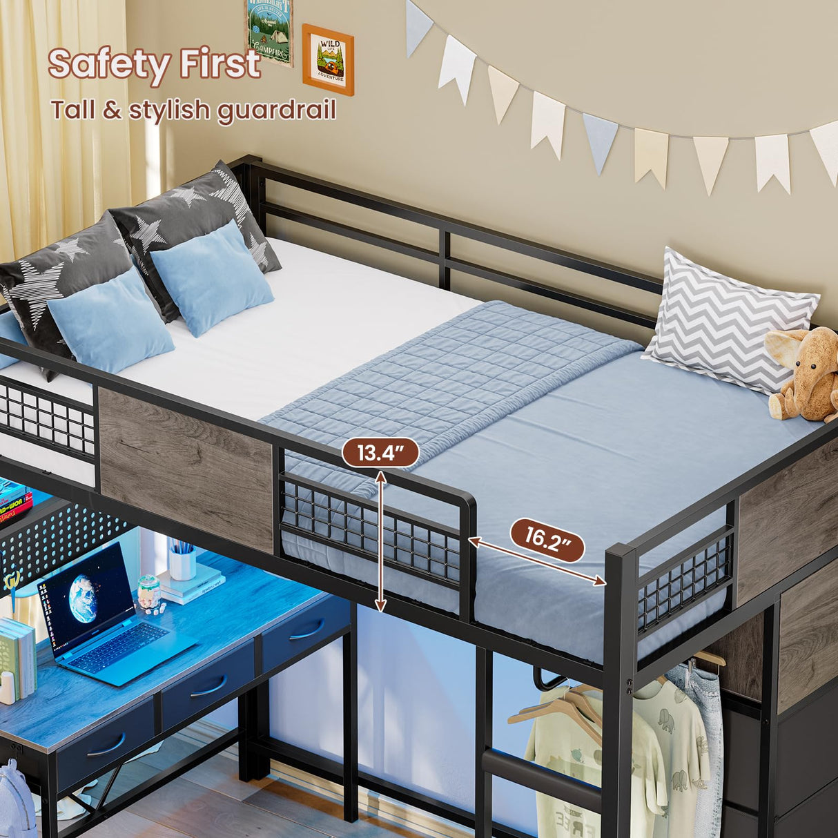 ADORNEVE Loft Bed Twin Size with Desk, 11 Storage Drawers, Metal Kids Loft with RGB Lights, Charging Station, Shelves & Clothing Rack, 13.4" H Safety Guard & Paded Ladder, Black & Grey ADORNEVE