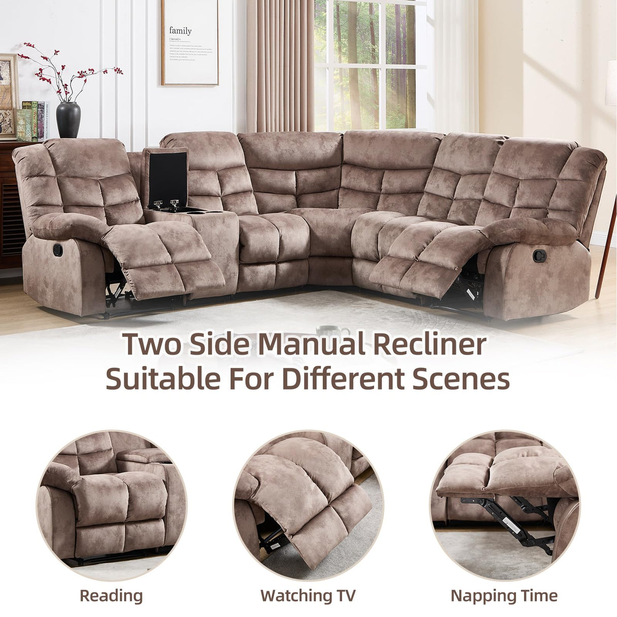 EBELLO Manual Reclining Sectional Sofa Set for Living Room, Soft Fabric Recliner Corner Sectional Couch with Center Console, Cup Holder and Storage, Brown EBELLO