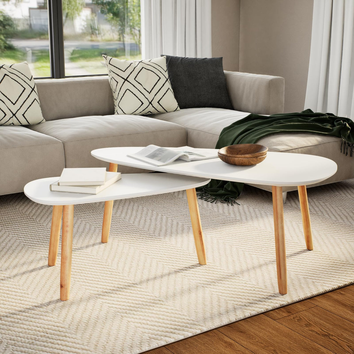 vidaXL Nesting Coffee Table 2 pcs, Side Tables with Solid Pine Wood Legs, Scandinavian Style End Table for Living Room, White vidaXL