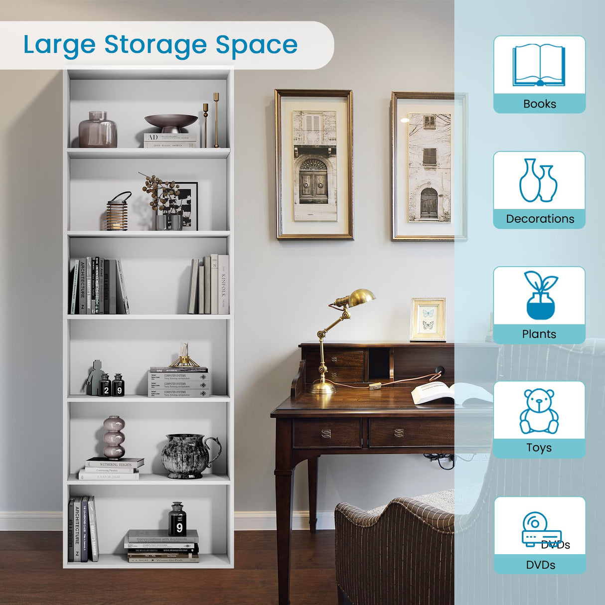 GRUSIGN 71" Tall Bookcase, 6-Tier Open Display Storage Shelves, Floor Standing Large Book Shelf for Living Room, Home Office, Bed Room, White GRUSIGN