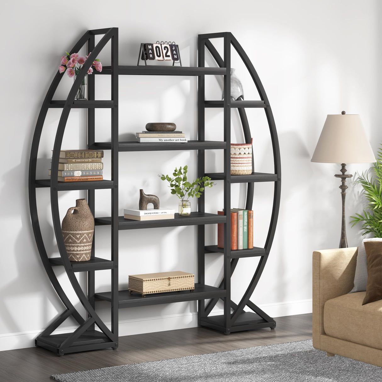 LITTLE TREE Half-Moon Shaped Bookshelf, Oval Triple Wide 5 Tiers Etagere Bookcases, Industrial Display Shelves for Living Room LITTLE TREE