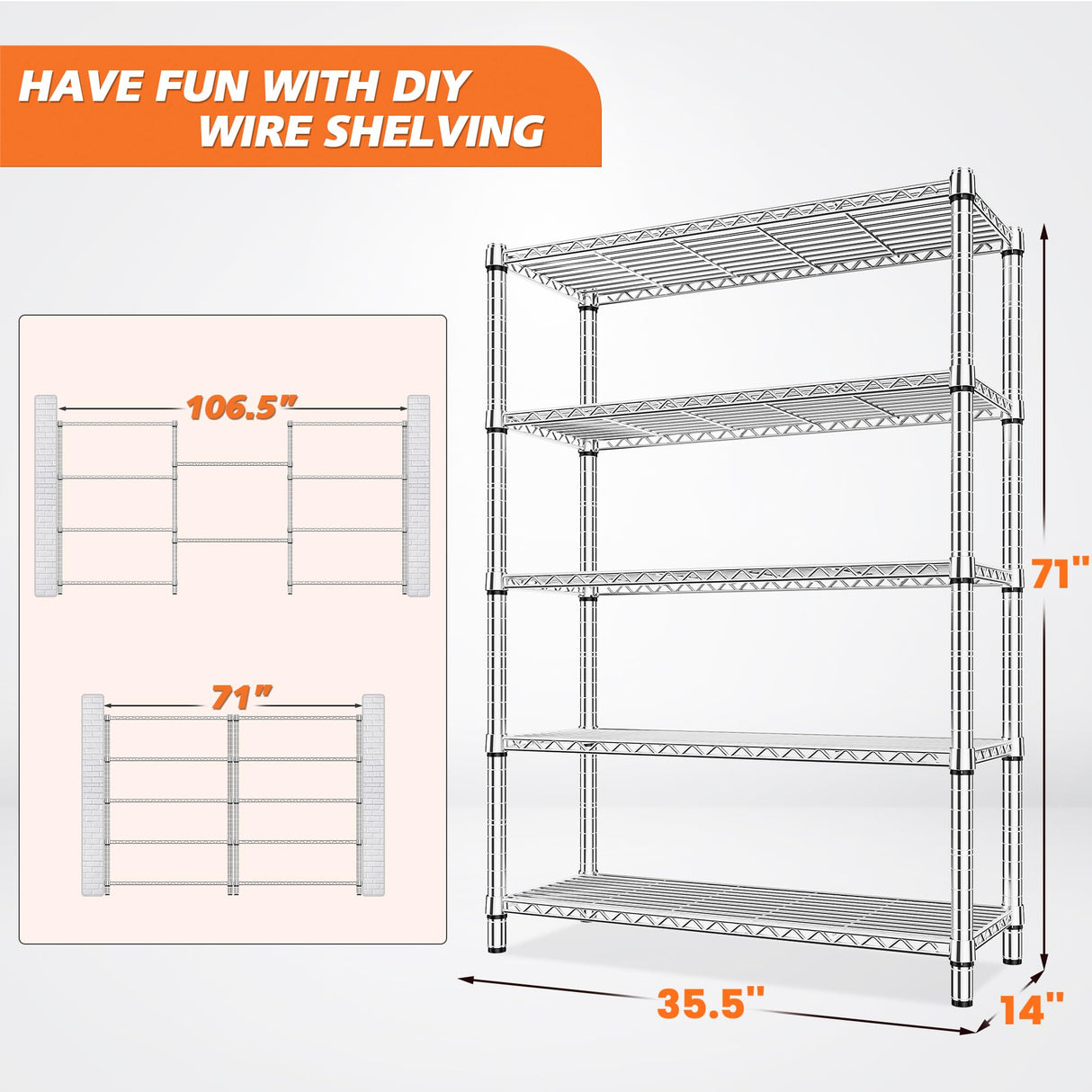 REIBII 5 Tier Wire Shelving,Storage Shelves Metal Shelves for Storage Loads 1200LBS,Adjustable Garage Shelving Heavy Duty Metal Shelving Storage Rack for Pantry Kitchen,71''HX35.5''WX14''D,Chrome REIBII